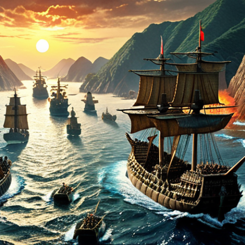 Home 22 **
Korean Admiral Yi Sun-sin commanding a fleet of "turtle ships" (kobukseon) in a narrow, strategic strait. Emphasize the Korean coastline and the tactical advantage. Dramatic lighting, capturing the intensity of naval warfare.
**