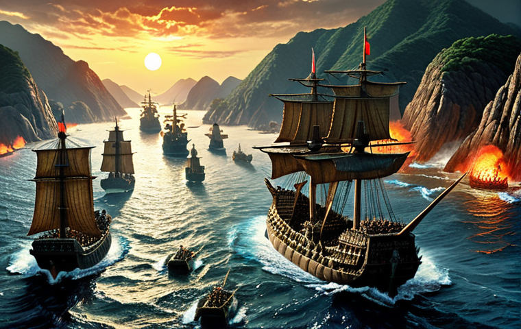 **
Korean Admiral Yi Sun-sin commanding a fleet of "turtle ships" (kobukseon) in a narrow, strategic strait. Emphasize the Korean coastline and the tactical advantage. Dramatic lighting, capturing the intensity of naval warfare.
**