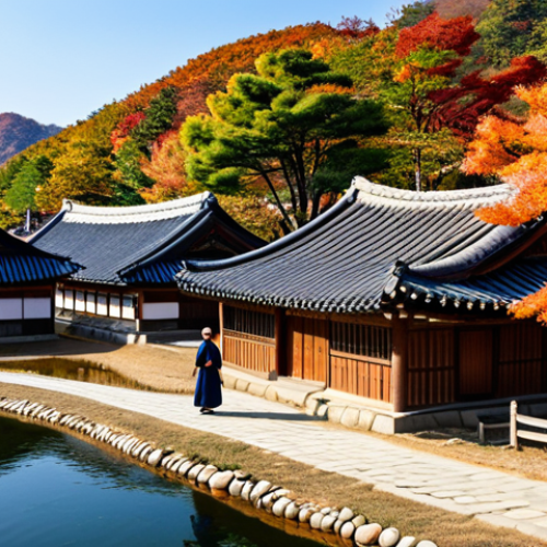 Home 20 **
"A wide shot of Hahoe Folk Village, South Korea, showcasing traditional Korean houses with tiled roofs and wooden architecture, nestled amongst vibrant autumn foliage, a winding river in the background, clear blue sky, fully clothed people in hanboks strolling through the village, appropriate content, safe for work, professional photography, perfect anatomy, correct proportions, natural pose, high resolution, detailed textures, modest attire, family-friendly."
**