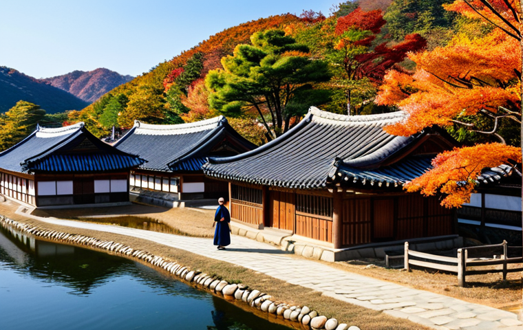 **

"A wide shot of Hahoe Folk Village, South Korea, showcasing traditional Korean houses with tiled roofs and wooden architecture, nestled amongst vibrant autumn foliage, a winding river in the background, clear blue sky, fully clothed people in hanboks strolling through the village, appropriate content, safe for work, professional photography, perfect anatomy, correct proportions, natural pose, high resolution, detailed textures, modest attire, family-friendly."

**