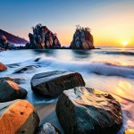 Teawangnam Sunrise Landscape**

"Dramatic sunrise at Teawangnam Rocks, Ulsan, South Korea, waves crashing against the rocks, long exposure, vibrant colors, perfect anatomy, correct proportions, landscape photography, wide-angle lens, safe for work, appropriate content, fully clothed, professional, high quality."

**