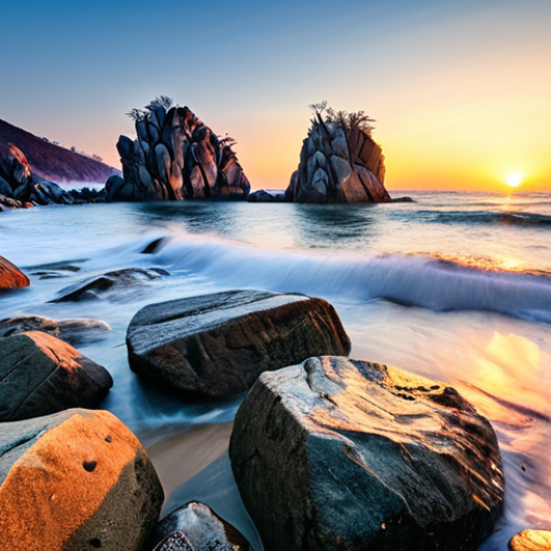 Home 11 Teawangnam Sunrise Landscape**
"Dramatic sunrise at Teawangnam Rocks, Ulsan, South Korea, waves crashing against the rocks, long exposure, vibrant colors, perfect anatomy, correct proportions, landscape photography, wide-angle lens, safe for work, appropriate content, fully clothed, professional, high quality."
**