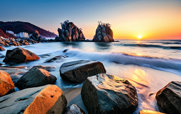 Teawangnam Sunrise Landscape**

"Dramatic sunrise at Teawangnam Rocks, Ulsan, South Korea, waves crashing against the rocks, long exposure, vibrant colors, perfect anatomy, correct proportions, landscape photography, wide-angle lens, safe for work, appropriate content, fully clothed, professional, high quality."

**
