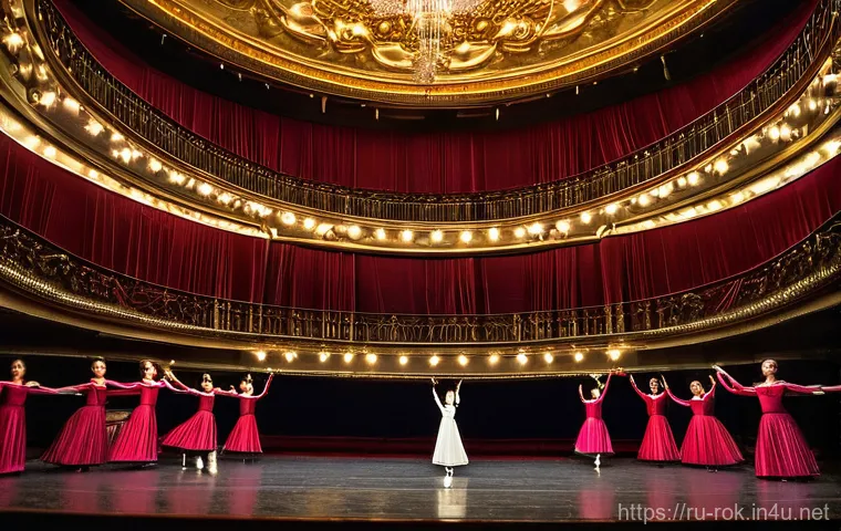 부채춤 공연 일정 - A stunning scene inside a majestic, historic Russian theater, reminiscent of the Bolshoi or Mariinsk...