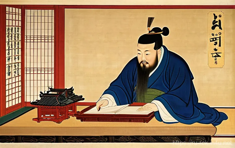 훈민정음 창제 배경 - **Prompt: The Birth of Hangul in the Royal Study**
    "A meticulously rendered, highly detailed oil...