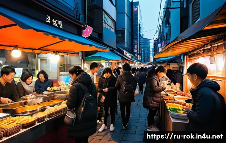 대한민국 방문 팁 - **Prompt:** A vibrant, bustling street food market scene in Myeongdong, Seoul, at dusk. The atmosphe...