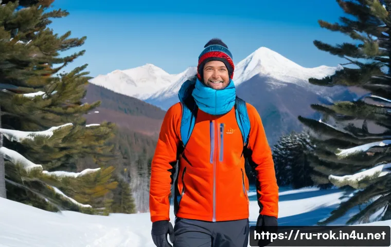 한국 겨울철 여행 준비물 - A well-equipped winter traveler standing on a snowy mountain trail during daylight, dressed in multi...