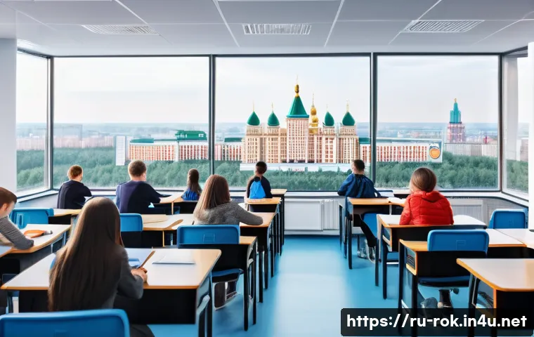 소득 불균형과 해결 방안 - A detailed scene depicting a modern classroom in a large Russian city like Moscow, showing diverse s...
