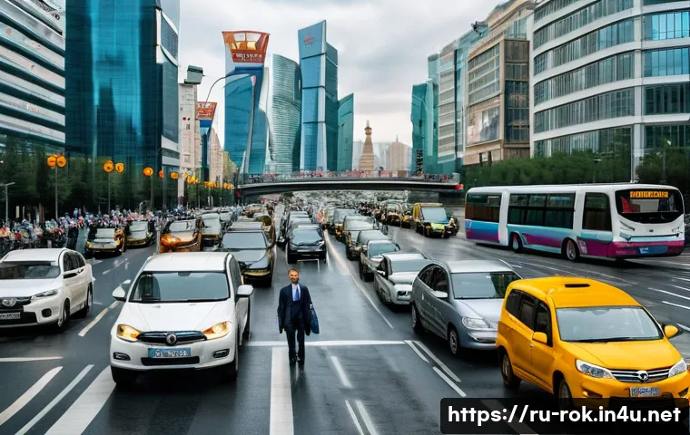 카카오맵 사용법 - A busy Moscow street scene during rush hour, showing a diverse group of commuters choosing different...