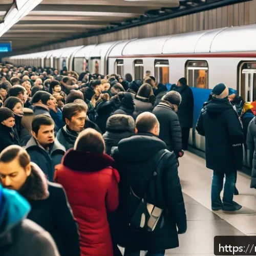 Home 17 대중교통 사용법 - A busy Moscow metro station during morning rush hour, filled with diverse passengers wearing warm cl...