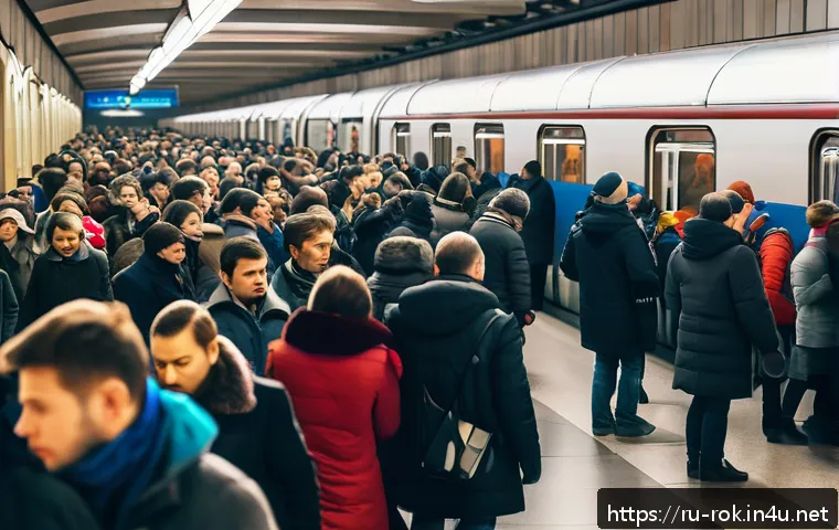 대중교통 사용법 - A busy Moscow metro station during morning rush hour, filled with diverse passengers wearing warm cl...